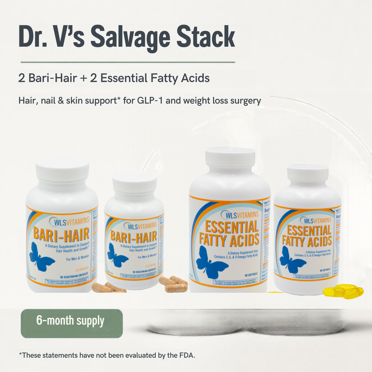 Dr. V's 6-Month Salvage Stack: 2 Bari-Hair and 2 Omega 3-6-9 Essential Fatty Acids, 6-month supply