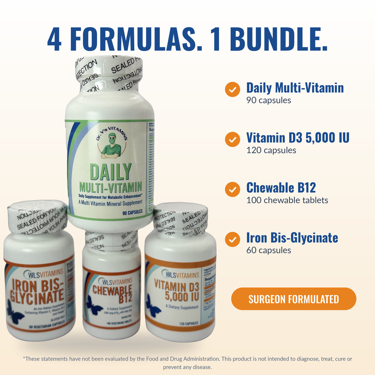 A group of Dr. V's Vitamins dietary supplement bottles arranged on a white background, including a large Daily Multi-Vitamin bottle and three smaller bottles for Vitamin D3, Chewable B12, and Iron Bis-Glycinate.