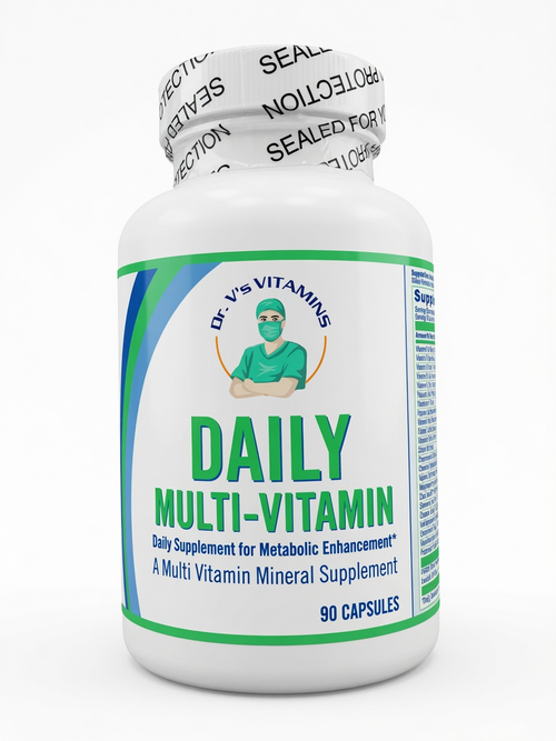 A white plastic bottle of Dr. V's Vitamins Daily Multi-Vitamin supplement with a green and blue label, sealed with a protective cap.