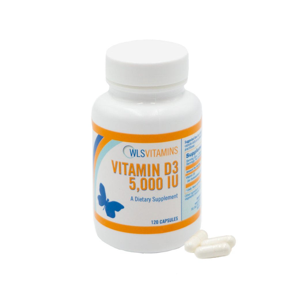 A bottle of WLS Vitamins Vitamin D3 5,000 IU with several capsules displayed in front.